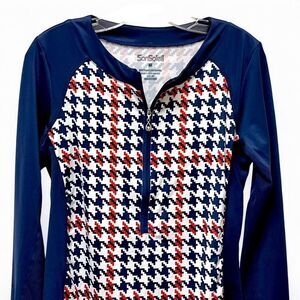 Navy Houndstooth Zip Neck Athletic Top | Long Sleeve Performance Pullover